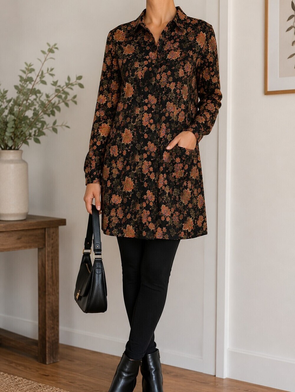 JOELLE Floral Button Front Tunic Dress Shirt Small
